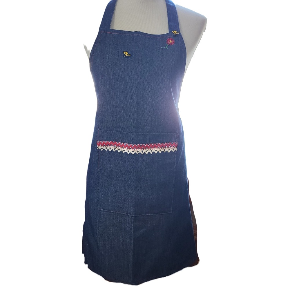 Handmade Denim Bib Apron OS Blue Embroidered Bee Flower Lace Trim